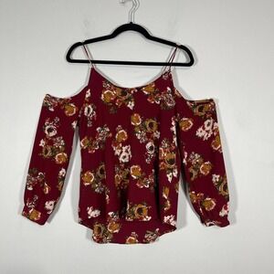 Sweet Wanderer Cold Shoulder Floral Blouse Small Burgundy Yellow Floral Romantic
